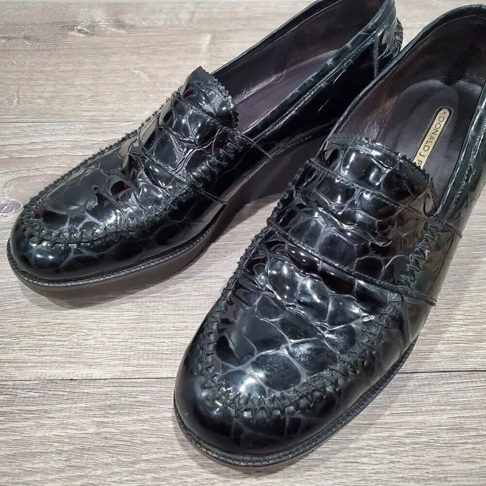 Donald J Pliner Nia2 Black Patent Leather Crocodile Print Wedge Loafer Shoe 8.5M